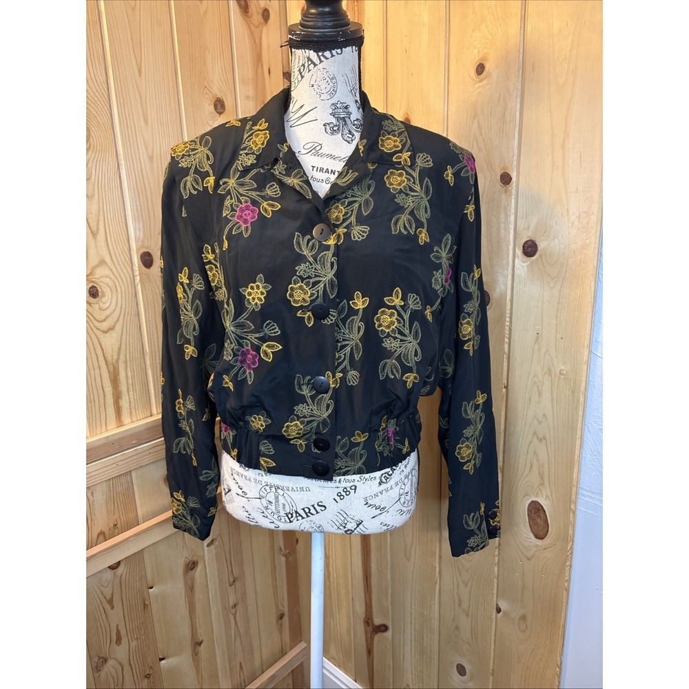 Vintage Saks Fifth Avenue The Works Floral Embroidered Silk Jacket Small Black